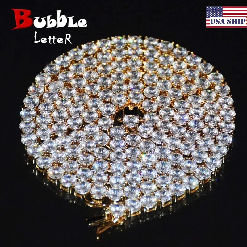 Bubble Letter 1 Row Tennis Chain Zircon Necklace Jewelry Gold Color Copper Material Men Link 18inch 20inch