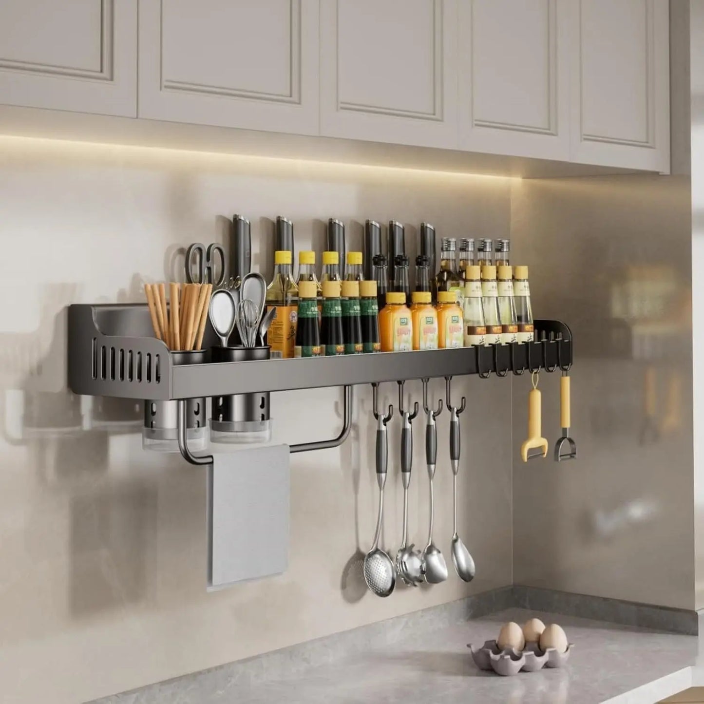 1pc Kitchen Wall-mounted Spice Storage Rack With Hooks, Hanging Tableware & Utensils Holder, Household Space Saving Storage