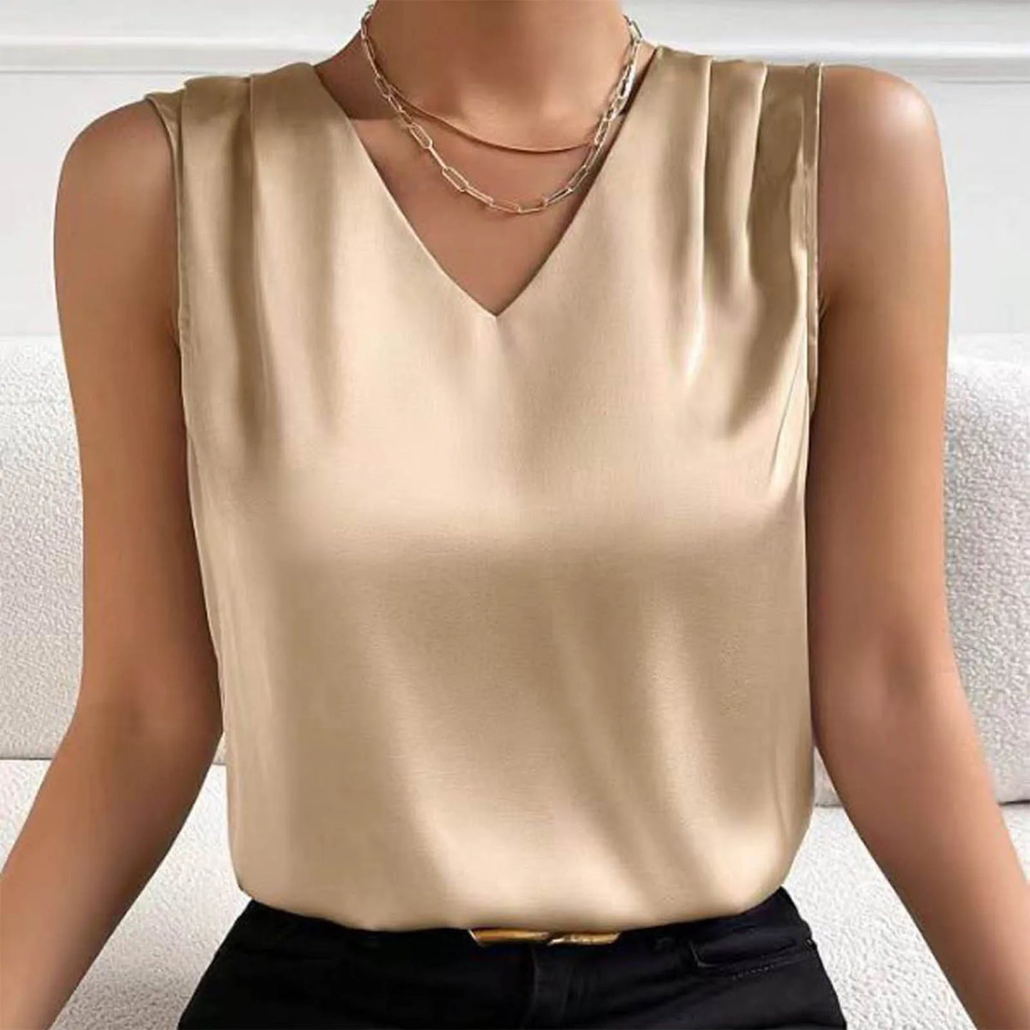 Tops for Women Summer V Neck Casual Soild Color Satin Sleeveless Basic Vest Shirt Fashionable Simple Apparel Shirts