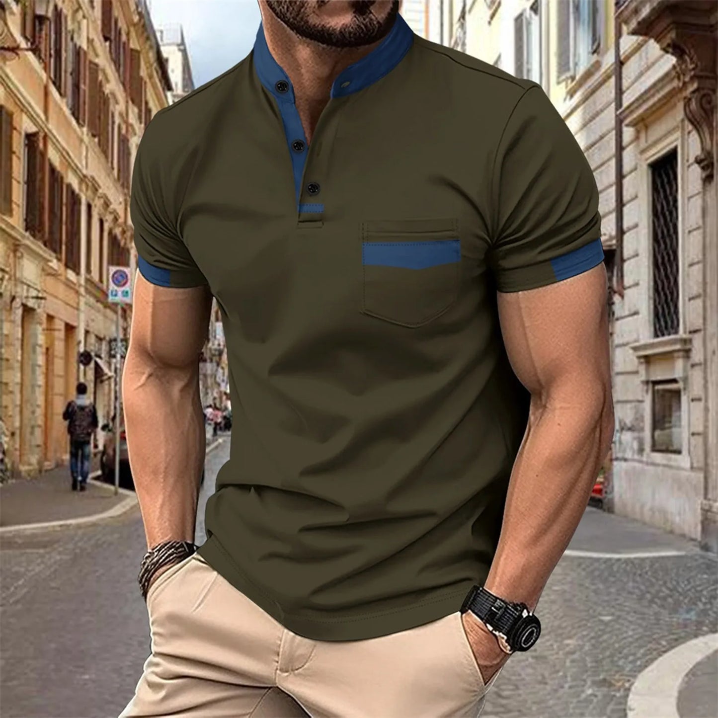 Color Matching Mens' T-Shirt Summer Sporty Wears Short Sleeve Button Top Blouses Casual Pullover Male T Shirts Breathable Tops