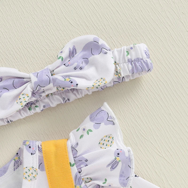 Girls Bunny Print Ruffle Dress with Headband
