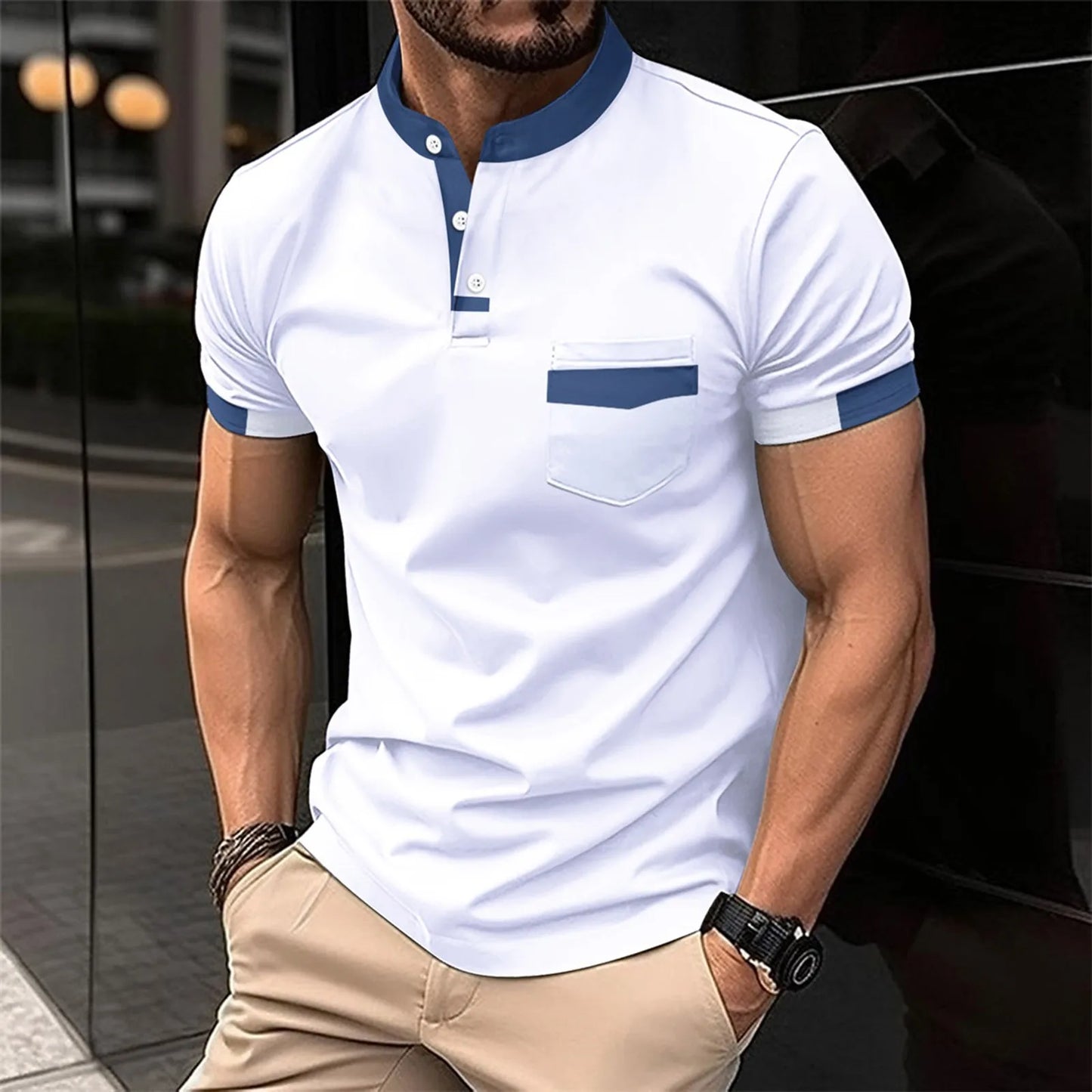 Color Matching Mens' T-Shirt Summer Sporty Wears Short Sleeve Button Top Blouses Casual Pullover Male T Shirts Breathable Tops