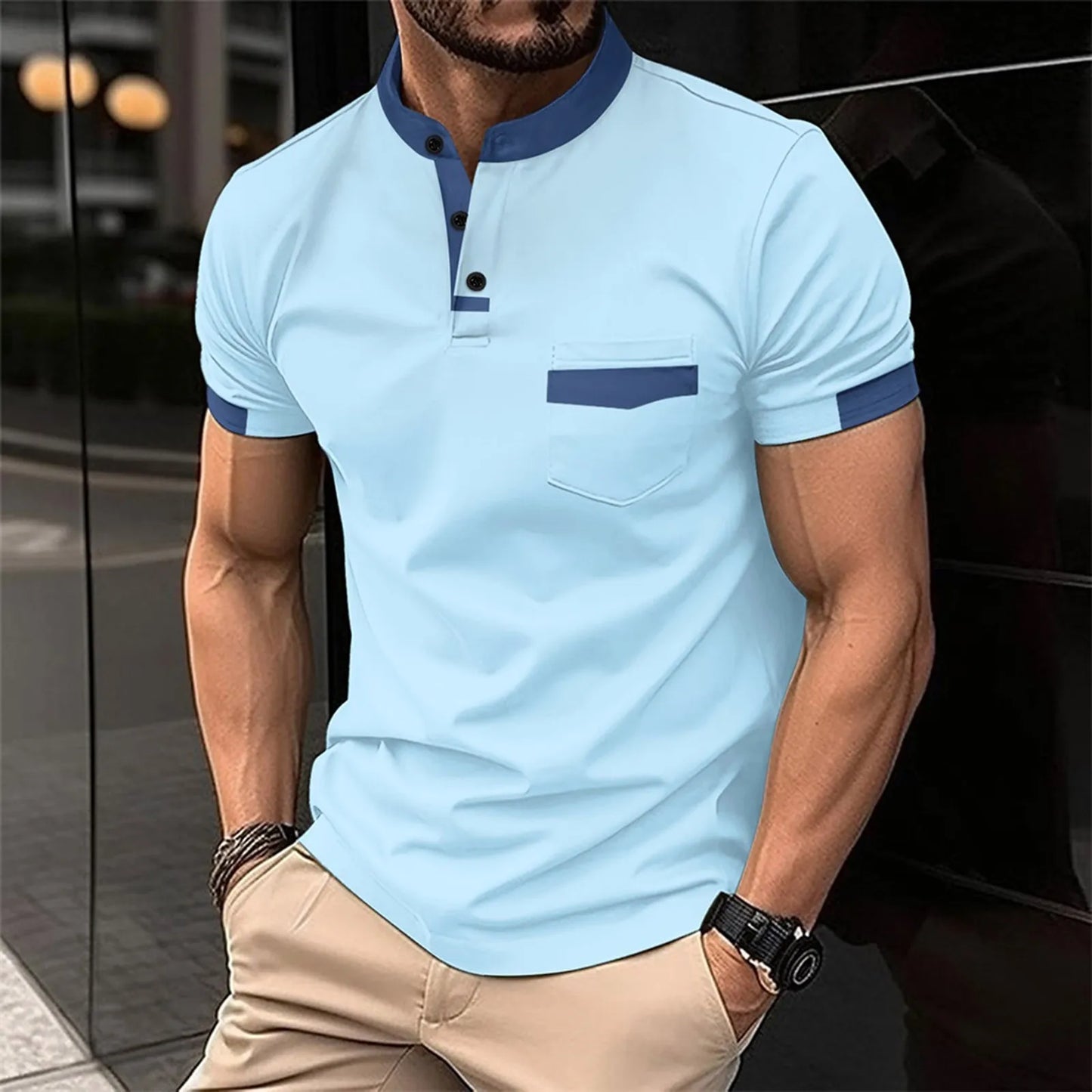 Color Matching Mens' T-Shirt Summer Sporty Wears Short Sleeve Button Top Blouses Casual Pullover Male T Shirts Breathable Tops
