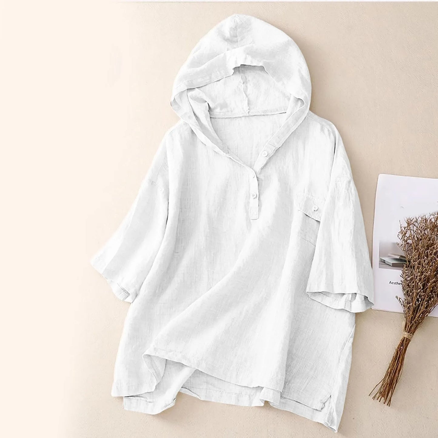 New Women Cotton Linen Hooded Sweatshirts Summer Casual V Neck Short Sleeved Pullover Tops Solid Color Casual Loose Sweatshirt