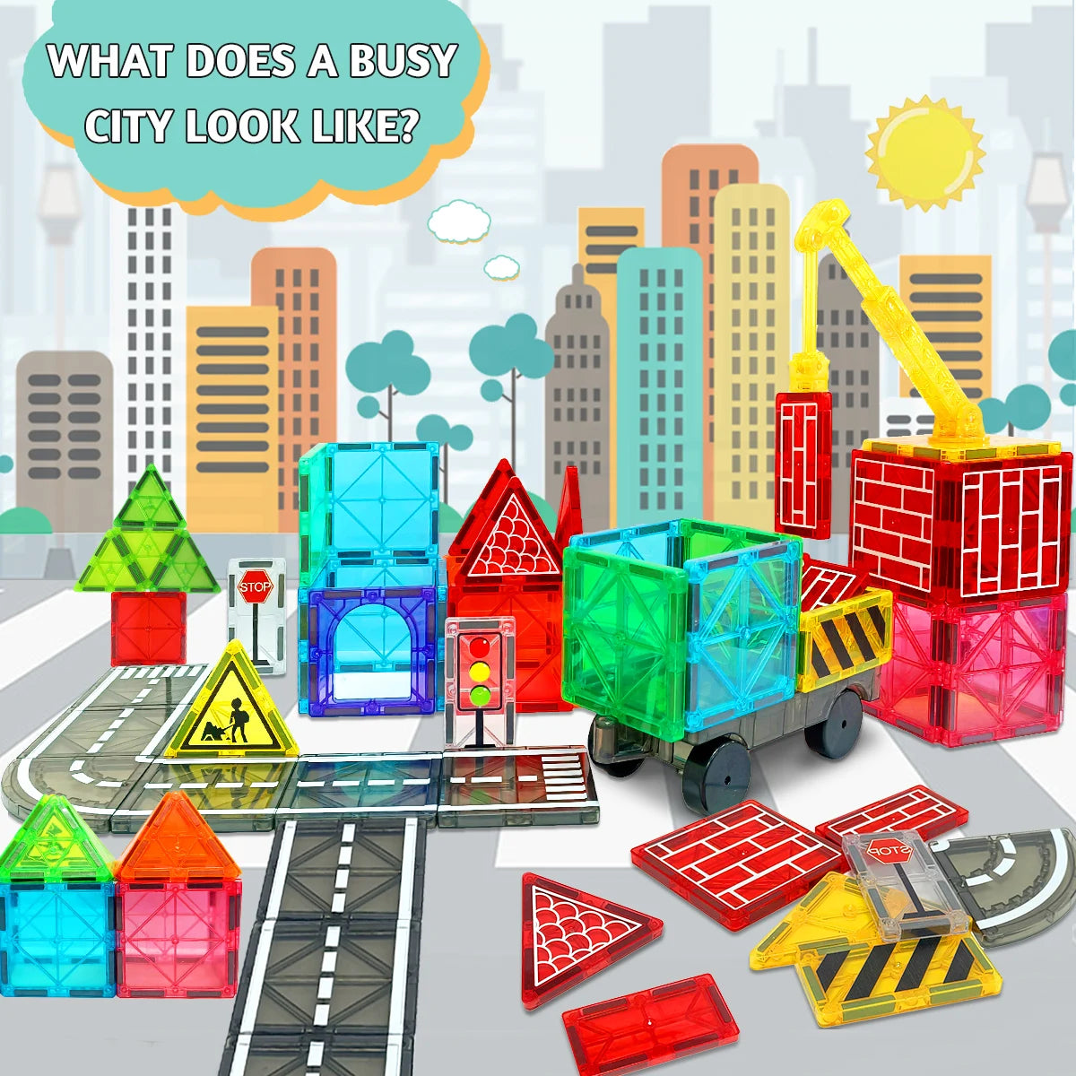 Magnetic Road Set With Car Toys Boys & Girls, Magnet Building Blocks Construction Toys Gifts for Toddlers