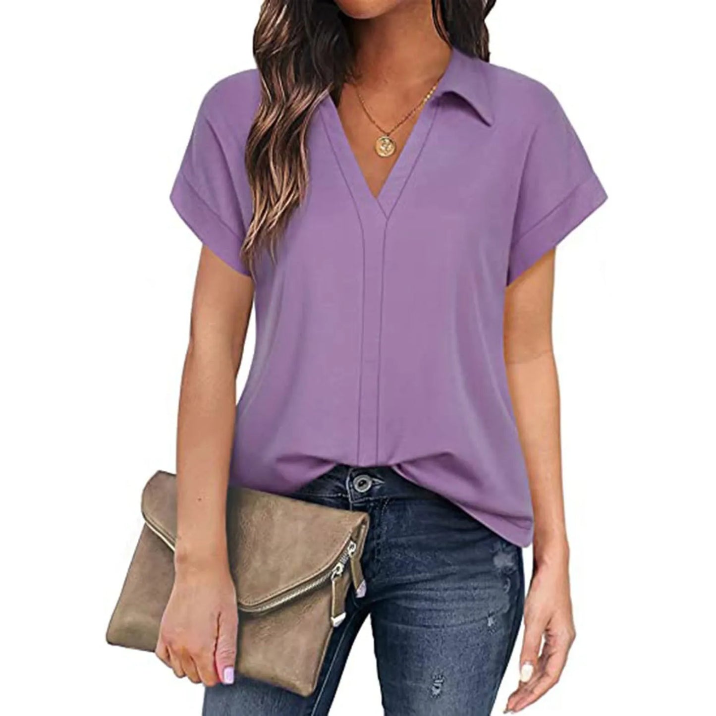 Women's Short Sleeve with V Neck Tunic Elegant Women's Blouses Casual Blouse