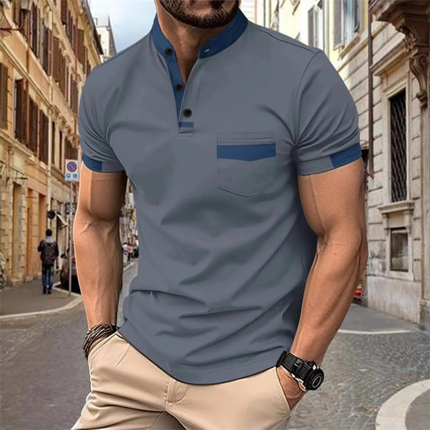 Color Matching Mens' T-Shirt Summer Sporty Wears Short Sleeve Button Top Blouses Casual Pullover Male T Shirts Breathable Tops