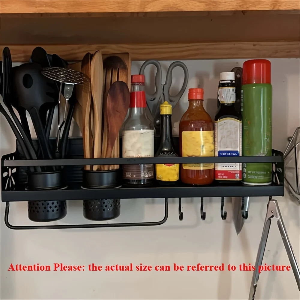 1pc Kitchen Wall-mounted Spice Storage Rack With Hooks, Hanging Tableware & Utensils Holder, Household Space Saving Storage