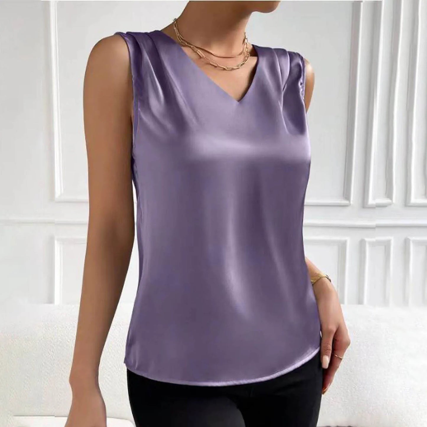 Tops for Women Summer V Neck Casual Soild Color Satin Sleeveless Basic Vest Shirt Fashionable Simple Apparel Shirts