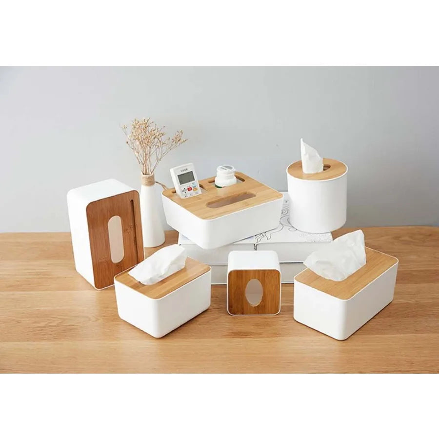 Bamboo Facial Tissue Box Desktop Remote Control Holder Organizer