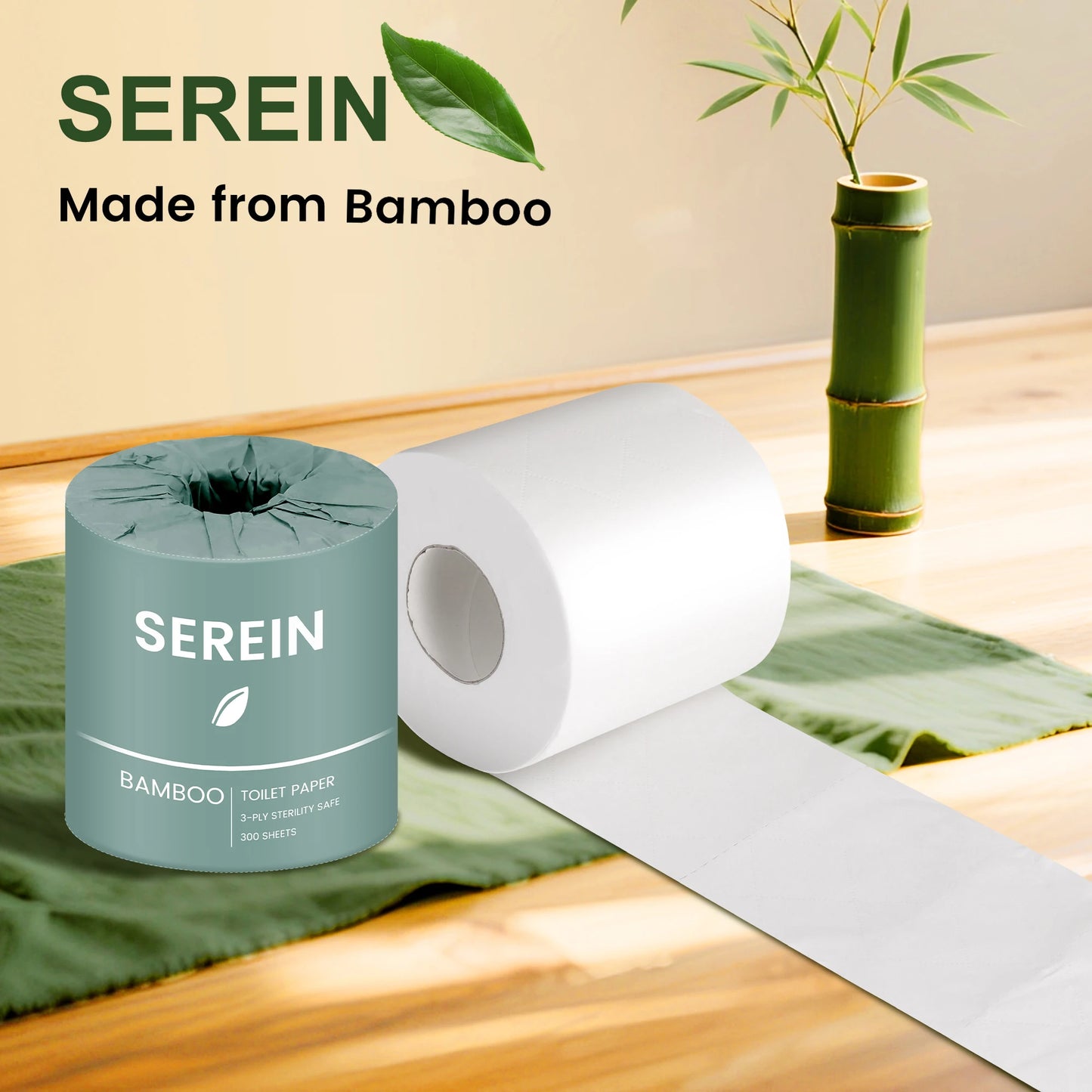 24-Rolls per Case, 3-Ply 300-Sheet Bamboo Toilet Paper, Individually Wrapped, Economy Paper Towels for Home Use