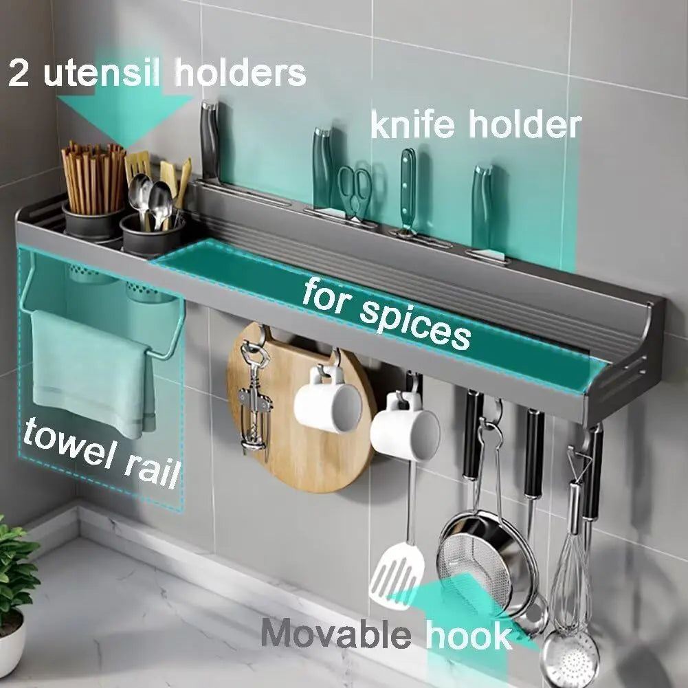 1pc Kitchen Wall-mounted Spice Storage Rack With Hooks, Hanging Tableware & Utensils Holder, Household Space Saving Storage