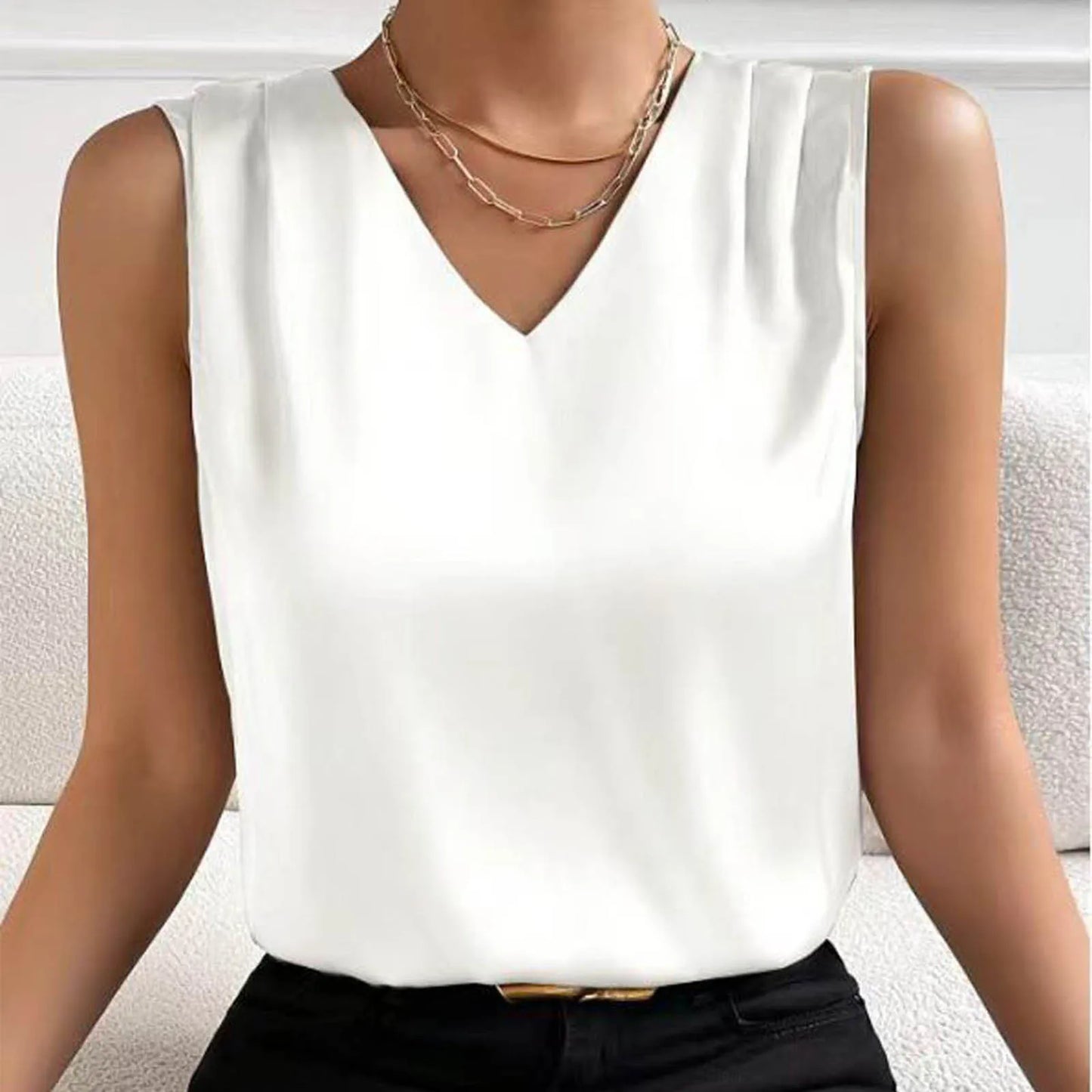 Tops for Women Summer V Neck Casual Soild Color Satin Sleeveless Basic Vest Shirt Fashionable Simple Apparel Shirts