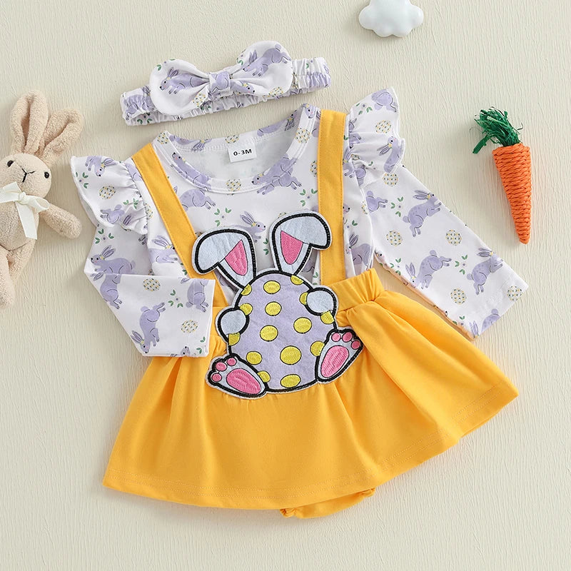 Girls Bunny Print Ruffle Dress with Headband