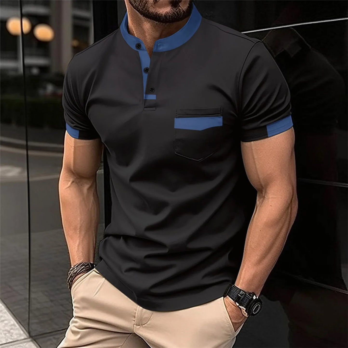 Color Matching Mens' T-Shirt Summer Sporty Wears Short Sleeve Button Top Blouses Casual Pullover Male T Shirts Breathable Tops
