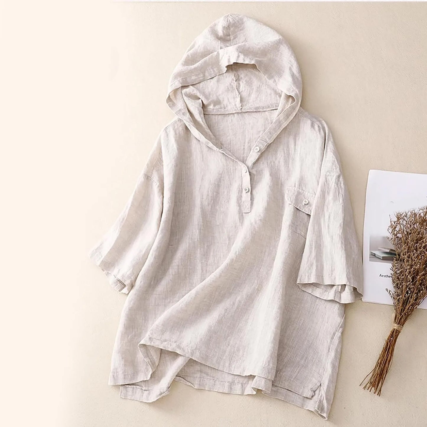 New Women Cotton Linen Hooded Sweatshirts Summer Casual V Neck Short Sleeved Pullover Tops Solid Color Casual Loose Sweatshirt