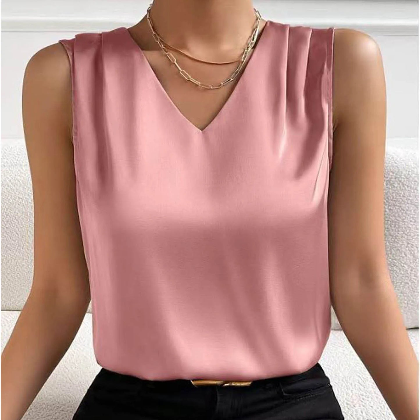 Tops for Women Summer V Neck Casual Soild Color Satin Sleeveless Basic Vest Shirt Fashionable Simple Apparel Shirts