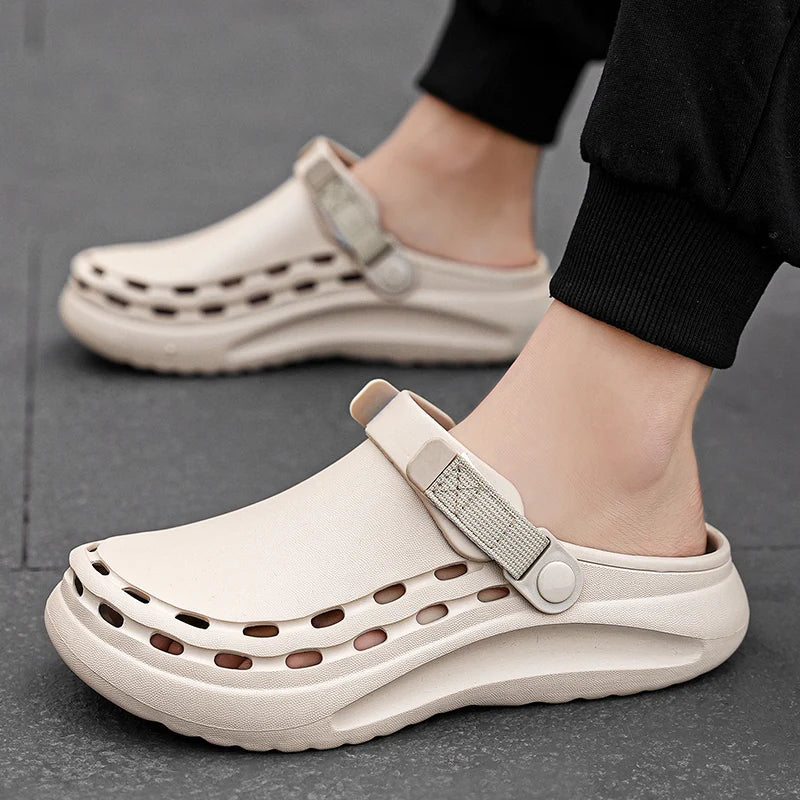 Men's Clogs Sandals Summer Holes Breathable Garden Home Sandals Fashion Outdoor Antiskid Sole Beach Slides Solid Color Slippers