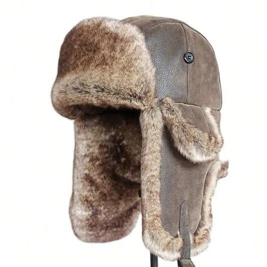 Bomber Hat for Men, Women Winter Warm Leather Trapper Hat with Ear Flaps, Thick Faux Fur