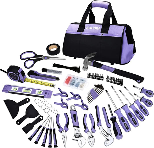 Purple Tool Set,223-Piece Tool Sets for Women,Tool Kit with 13-Inch Wide Mouth Open Purple Tool Bag
