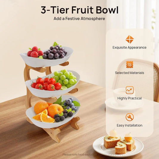 3 Tier Fruit Bowl Set, PP Fruit Bowls with Bamboo Wood Stand for Fruits,Snacks, Dessert,Salad Buffet Server salad bowl/bowl set