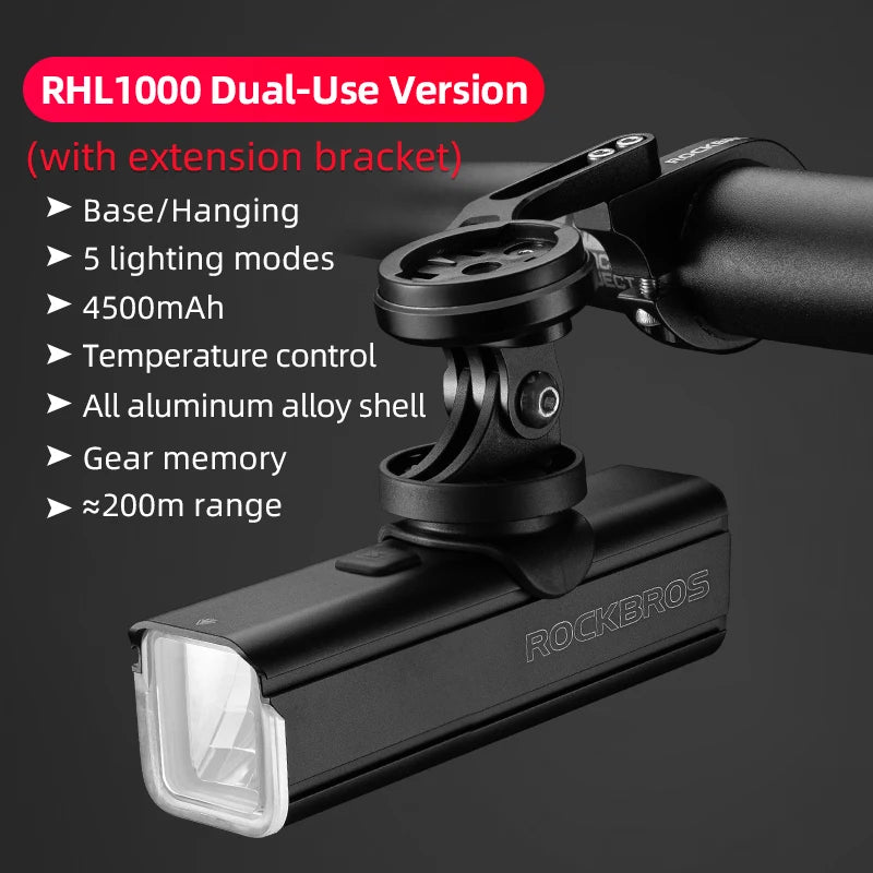 ROCKBROS 1000LM Bike Light Front Lamp Type-C Rechargeable LED 4500mAh Bicycle Light Waterproof Headlight Bike Accessories