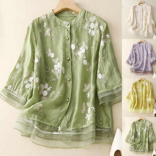 Women's Blouse Floral Embroidery Shirt Korean Mesh Patchwork Tops Blouses Tunic Vintage Single-Breasted Shirts & Blouses