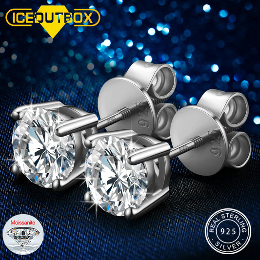 ICEOUTBOX 925 sterling silver Moissanite Stud Earrings D VVS1 Round Cut Lab Diamond Screw Ear Studs For Women Wedding Jewelry