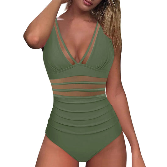 Mesh 1 Piece Swimsuit Sexy Deep V Swimwear Push Up Padded Bikini Solid Ruched Women Monokini Beachwear Brazilian Bathing Suit