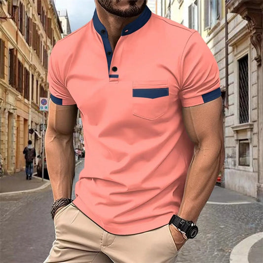 Color Matching Mens' T-Shirt Summer Sporty Wears Short Sleeve Button Top Blouses Casual Pullover Male T Shirts Breathable Tops
