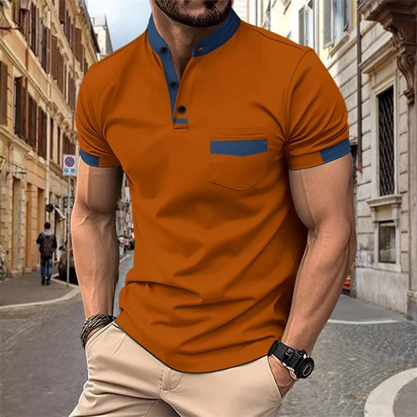 Color Matching Mens' T-Shirt Summer Sporty Wears Short Sleeve Button Top Blouses Casual Pullover Male T Shirts Breathable Tops