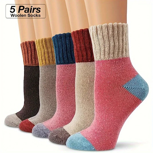 1 3 5 Pairs Women Vintage Patchwork Thicken Woolen Socks Trendy Comfortable Casual Versatile Fall Winter Warm Outdoor Sports