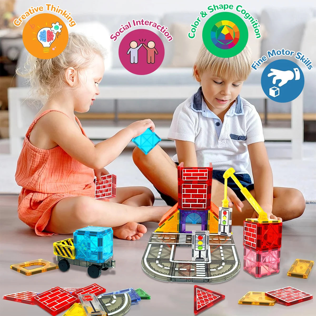 Magnetic Road Set With Car Toys Boys & Girls, Magnet Building Blocks Construction Toys Gifts for Toddlers