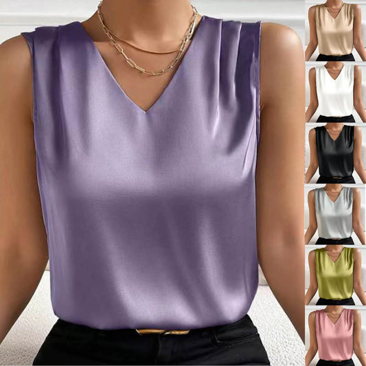 Tops for Women Summer V Neck Casual Soild Color Satin Sleeveless Basic Vest Shirt Fashionable Simple Apparel Shirts