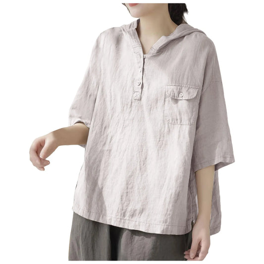 New Women Cotton Linen Hooded Sweatshirts Summer Casual V Neck Short Sleeved Pullover Tops Solid Color Casual Loose Sweatshirt
