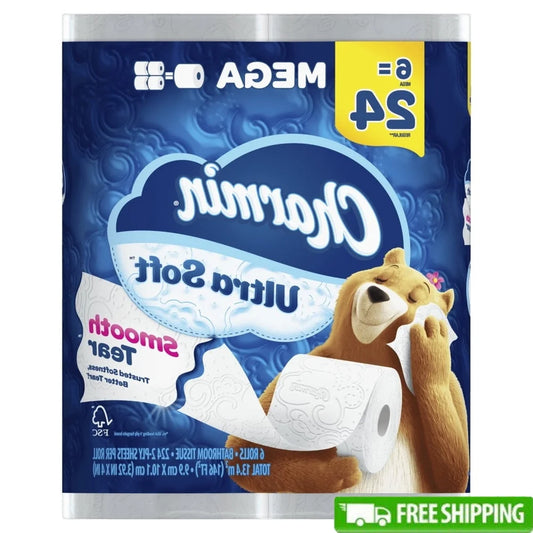 Ultra Soft Toilet Paper 6 Mega Rolls 2 Ply Septic Safe 1344 Sheets Absorbent Irresistible Softness Perforated Clean Tearing