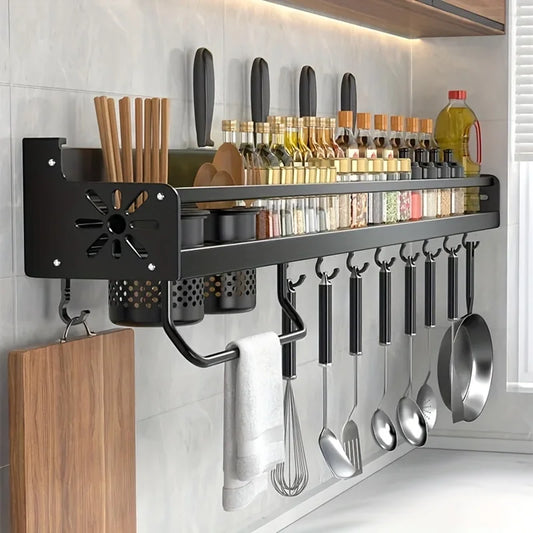 1pc Kitchen Wall-mounted Spice Storage Rack With Hooks, Hanging Tableware & Utensils Holder, Household Space Saving Storage