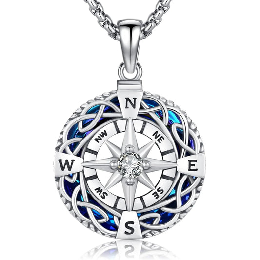 Compass Necklace for Women Men 925 Sterling Silver Crystal Zircon Celtic Knot Compass Pendant necklace Talisman Jewelry Gifts